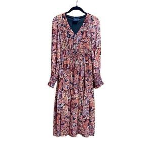 Just Taylor Smocked Cuffed Sleeve V Neck Midi Party Fit + Flare Dress Sz XS NEW